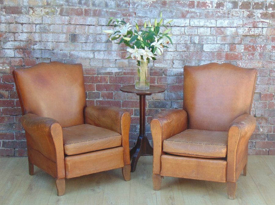 Pair French Leather Club Chairs