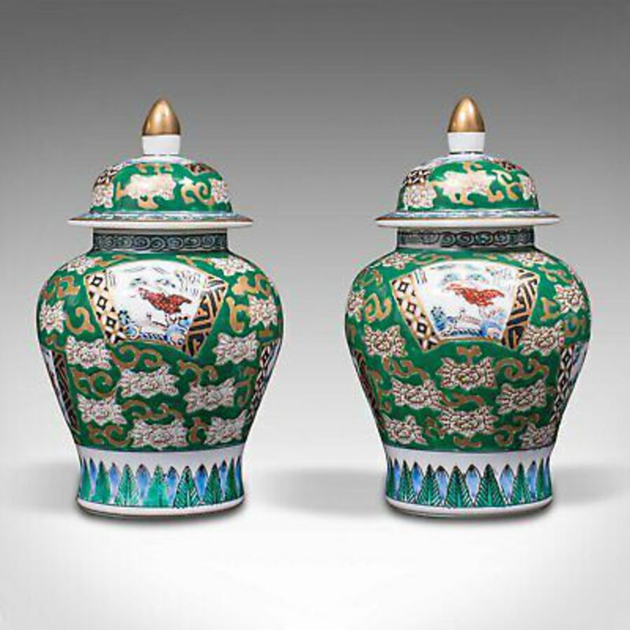 Antique Pair Of Vintage Ginger Jars, Chinese, Hand Painted, Ceramic, Spice Pot, Art Deco