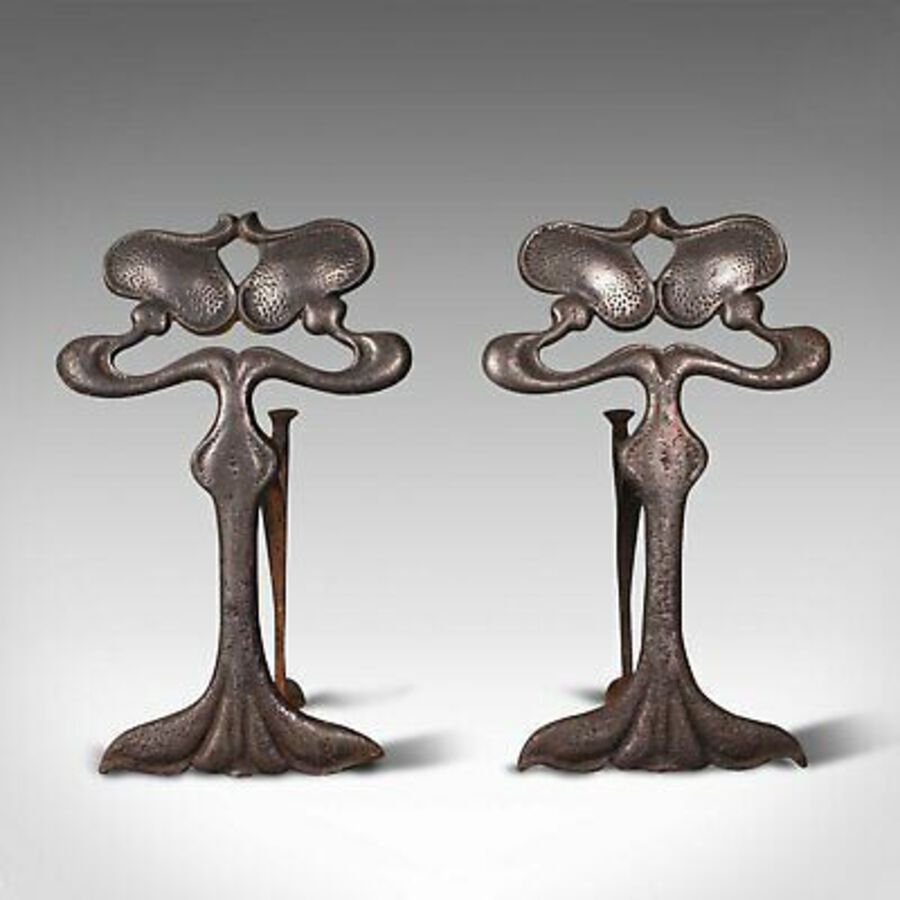 Antique Pair Of Antique Andirons, French, Iron, Fire Dogs, Tool Rest, Art Nouveau, 1900