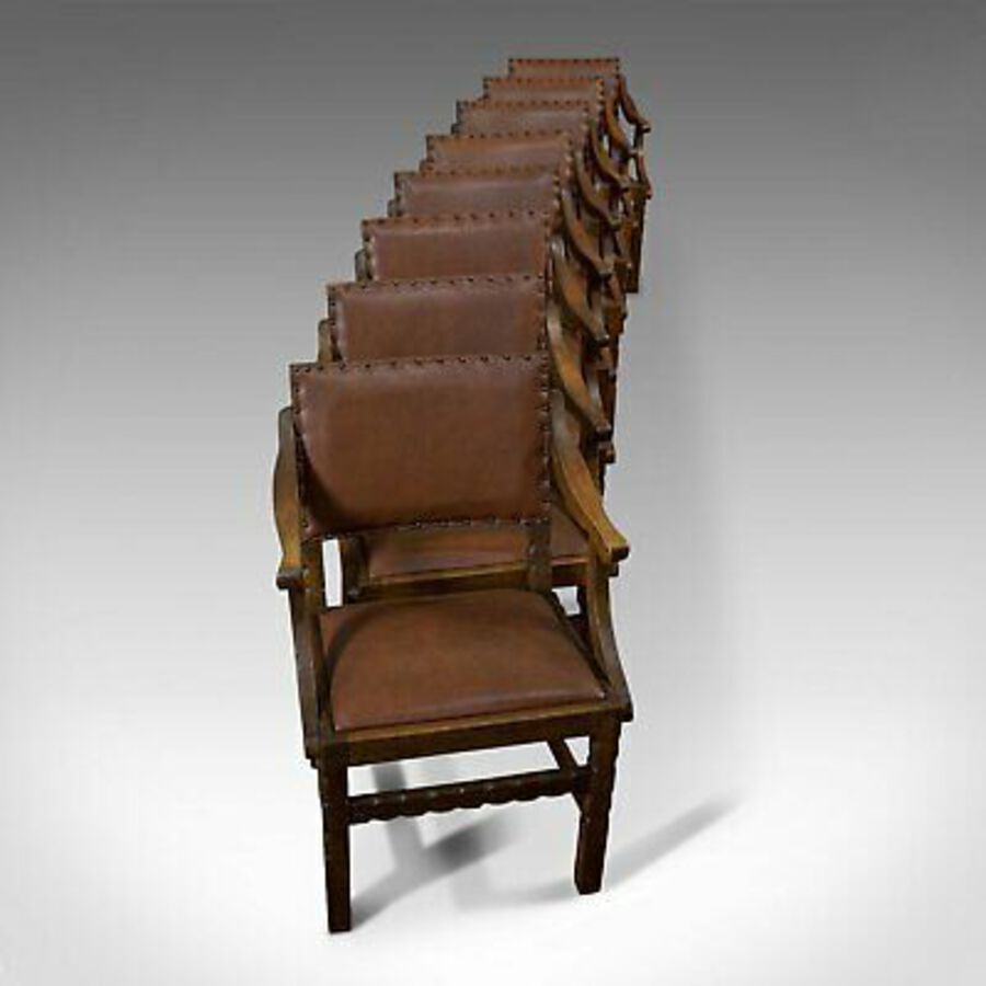 Antique Set of 8, Antique Dining Chairs, Oak, Seat, Arts & Crafts, Hamptons, Edwardian
