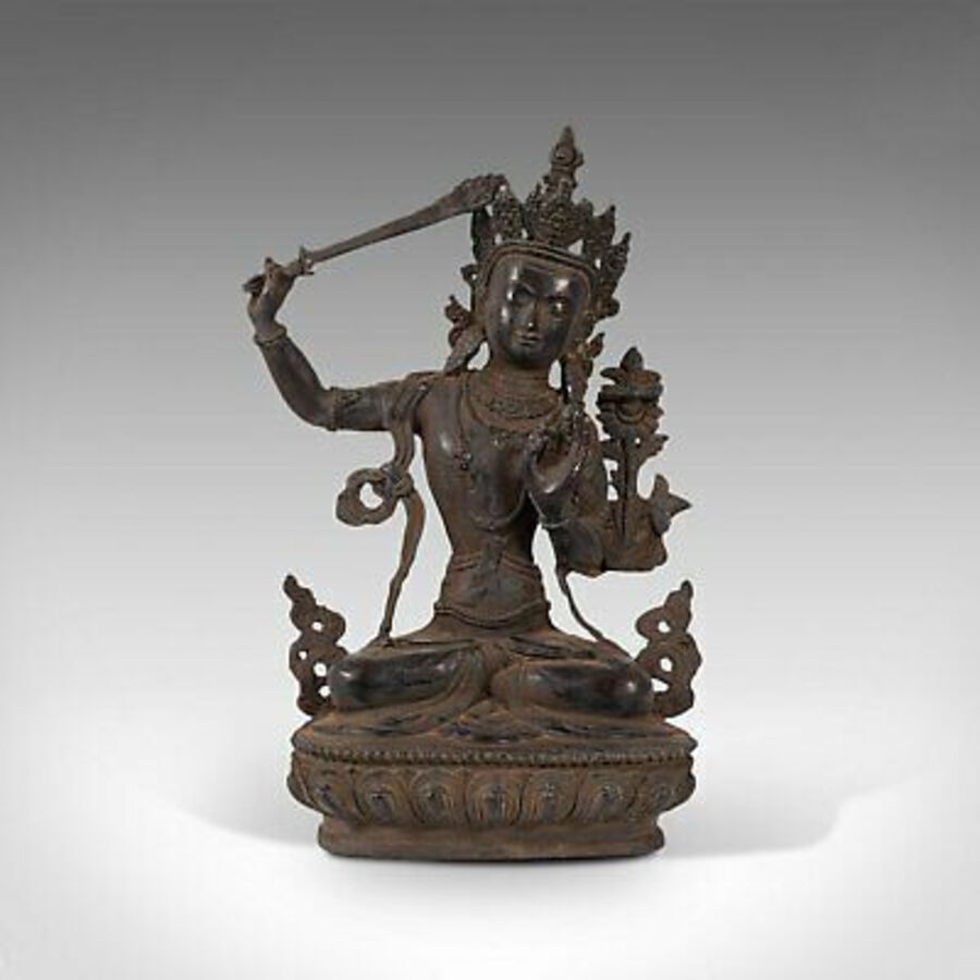 Antique Tall Antique Manjushri Statue, Oriental, Bronze Figure, Seated Deity, Circa 1900