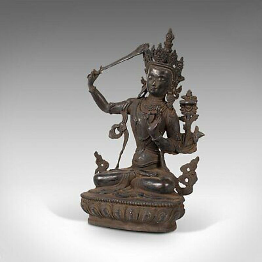 Antique Tall Antique Manjushri Statue, Oriental, Bronze Figure, Seated Deity, Circa 1900