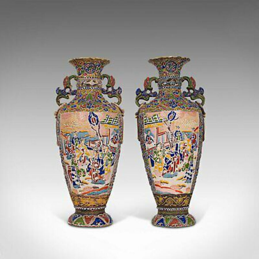 Antique Pair Of Tall Antique Satsuma Vases, Japanese, Ceramic, Decorative, Moriage, 1900
