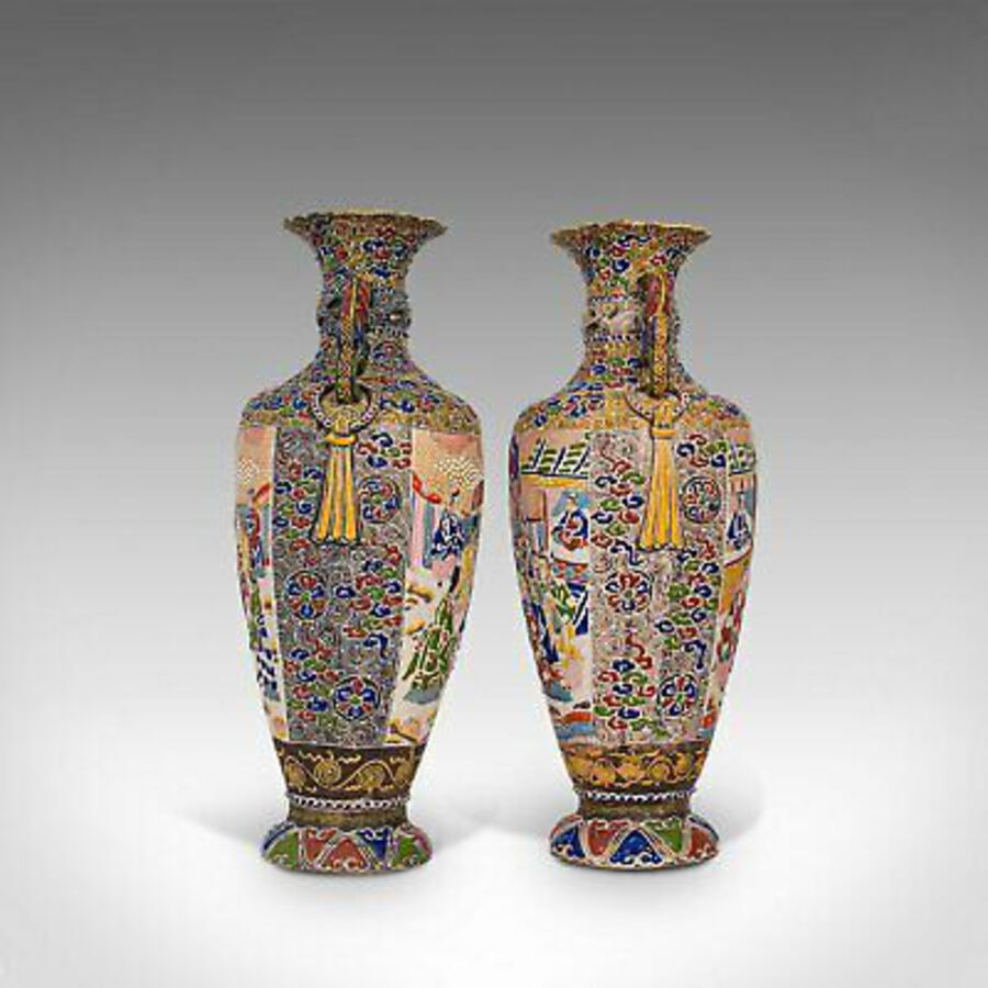 Antique Pair Of Tall Antique Satsuma Vases, Japanese, Ceramic, Decorative, Moriage, 1900