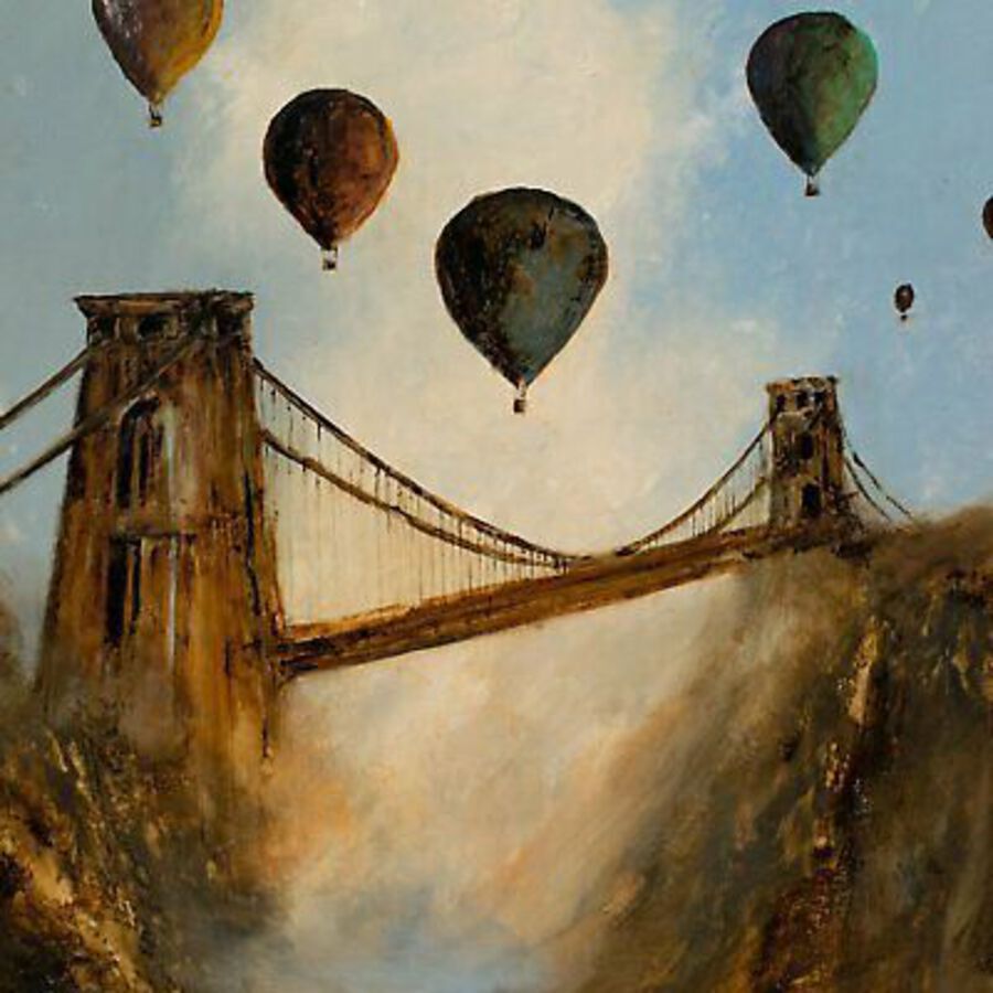 Antique Original Landscape, Oil Painting, Balloon Festival, Bristol, Art, 26