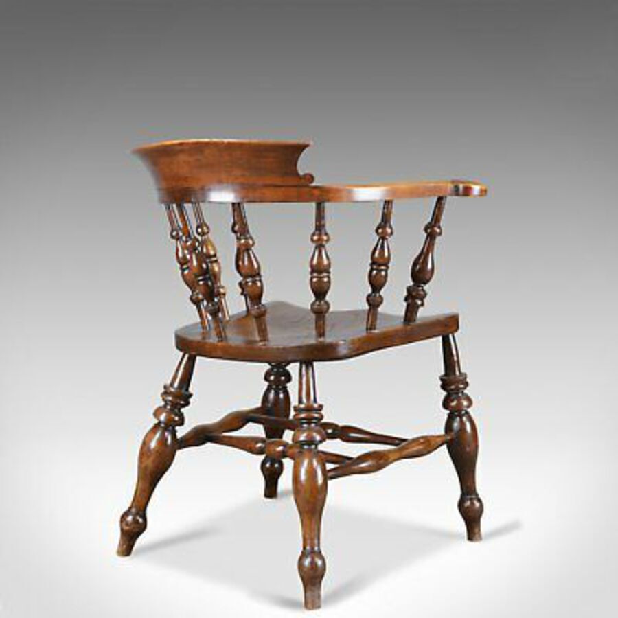 Antique Antique Bow Chair, Smokers, Captains, English, Victorian, Elm, Windsor c.1870