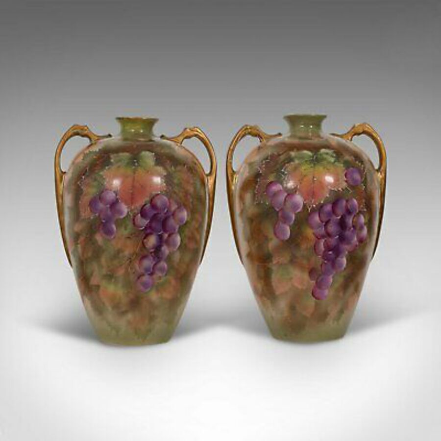 Antique Pair Of, Vintage Wine Amphora, English, Ceramic, Decorative, Vessel, Handpainted