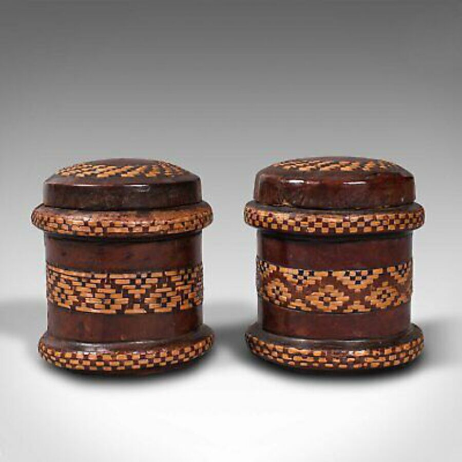 Antique Pair Of, Vintage Decorated Tobacco Tins, English, Leather, Canister, Circa 1940
