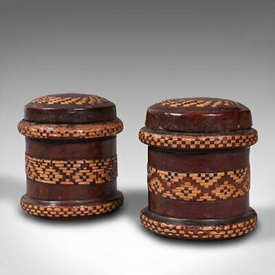 Antique Pair Of, Vintage Decorated Tobacco Tins, English, Leather, Canister, Circa 1940