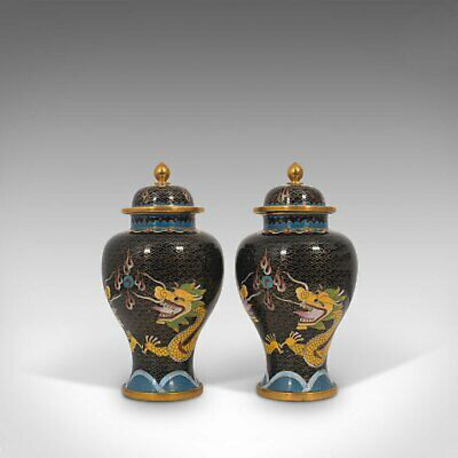 Antique Pair Of, Antique Decorative Spice Jars, Chinese, Cloisonne, Baluster Urn, C.1900