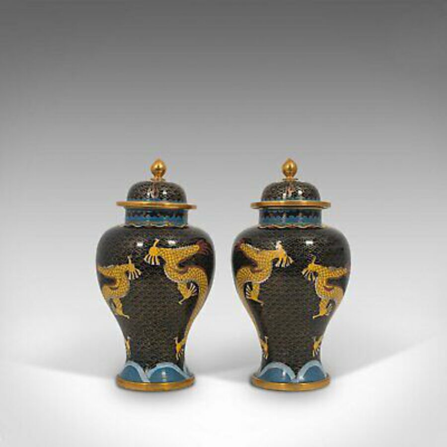 Antique Pair Of, Antique Decorative Spice Jars, Chinese, Cloisonne, Baluster Urn, C.1900