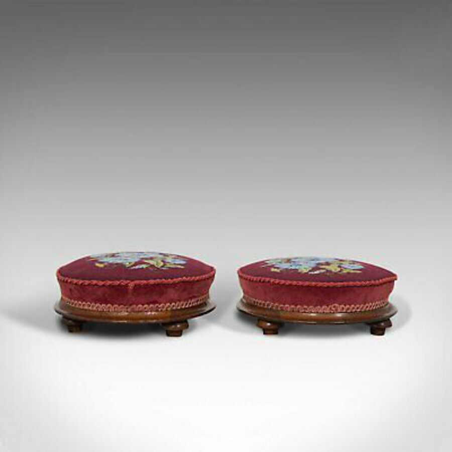 Antique Pair of Antique Footstools, English, Walnut, Needlepoint, Rest, Victorian C.1860