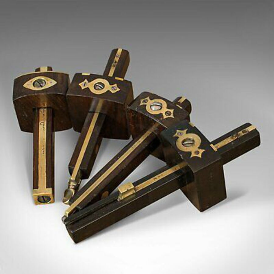 Antique Set Of Vintage Mortise Gauges, Four, Rosewood, Brass, Carpenter's Tools, C.1950