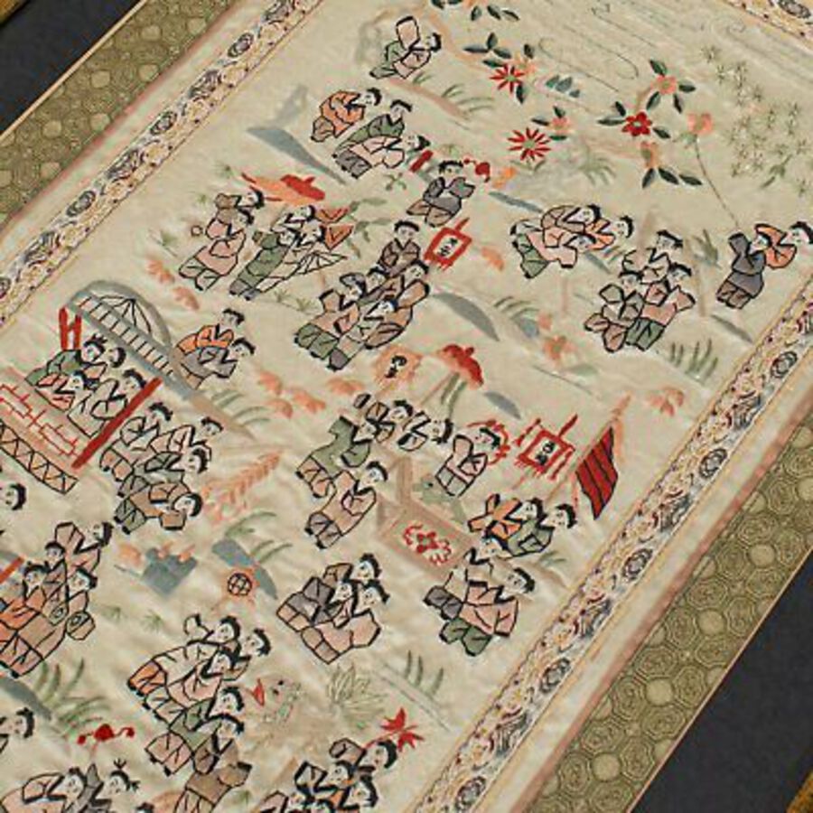 Antique Antique Framed Silk Panel, Oriental, Embroidered, Decorative, 100 Children, 1900