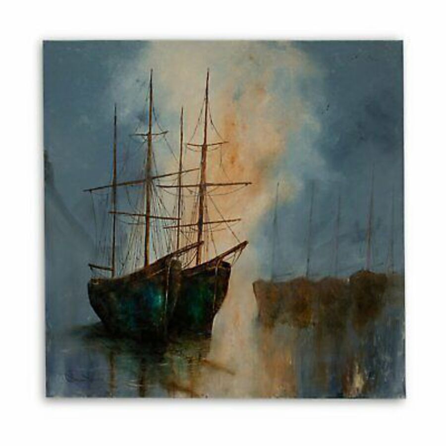 Antique Square Maritime Portrait, Oil Painting, Night, Ships, Art, Original, 25