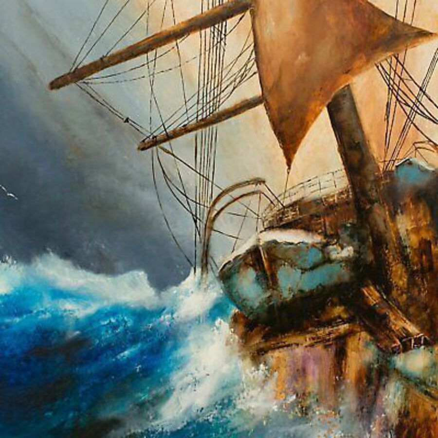 Antique Square, Dramatic Nautical, Oil Painting, Marine, Ships, Original, Art, 25