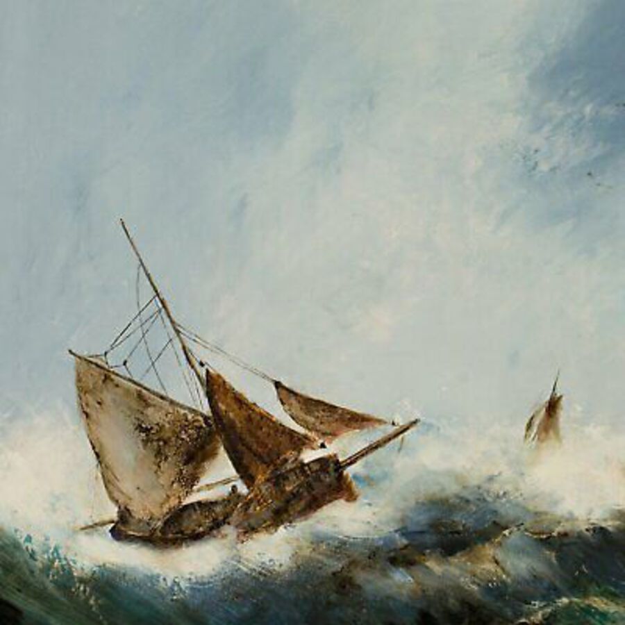 Antique Large, Dramatic Seascape, Oil Painting, Marine, Ships, Storm, 29