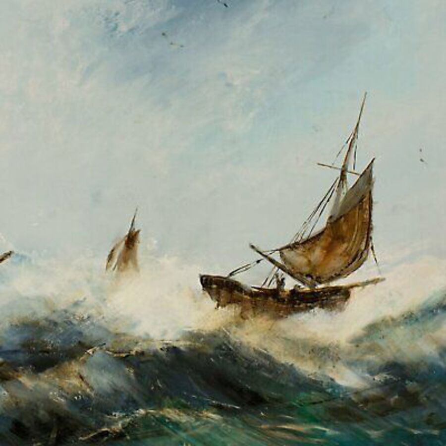 Antique Large, Dramatic Seascape, Oil Painting, Marine, Ships, Storm, 29