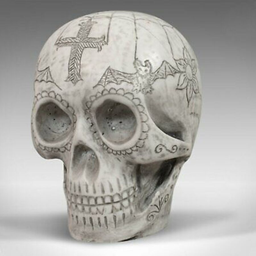 Antique Vintage Hand Decorated Skull, English, Marble, Ornament, Paperweight, D. Hurley