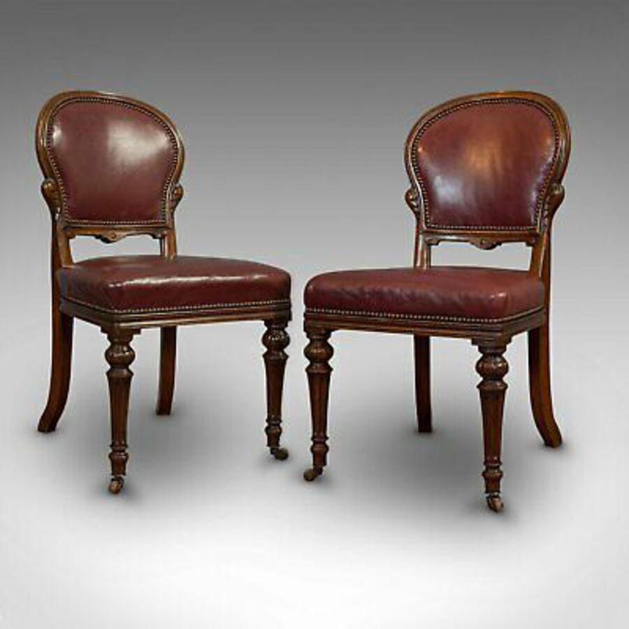 Antique Pair Of Antique Chairs, Walnut, Leather, Seat, Doveston, Bird & Hull, Victorian