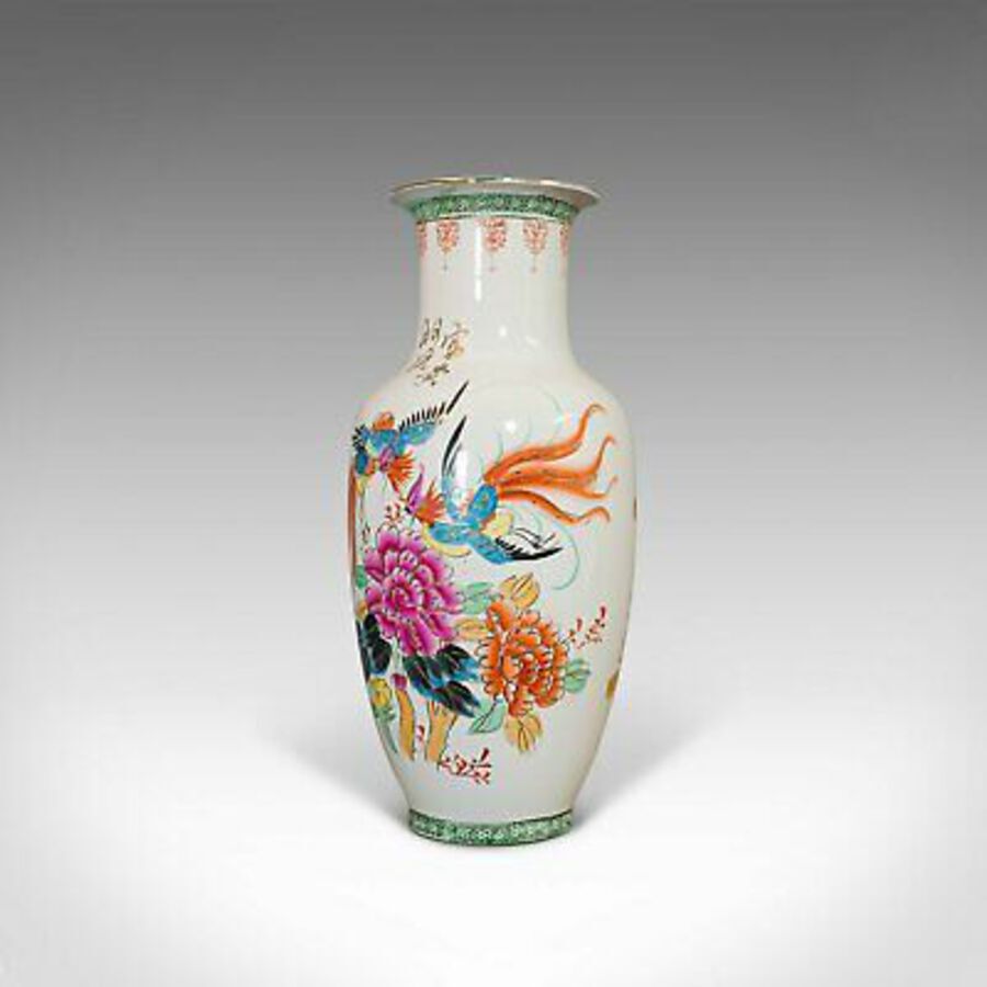 Antique Vintage Flower Vase, Oriental, Ceramic, Baluster Urn, Art Deco, Bird of Paradise