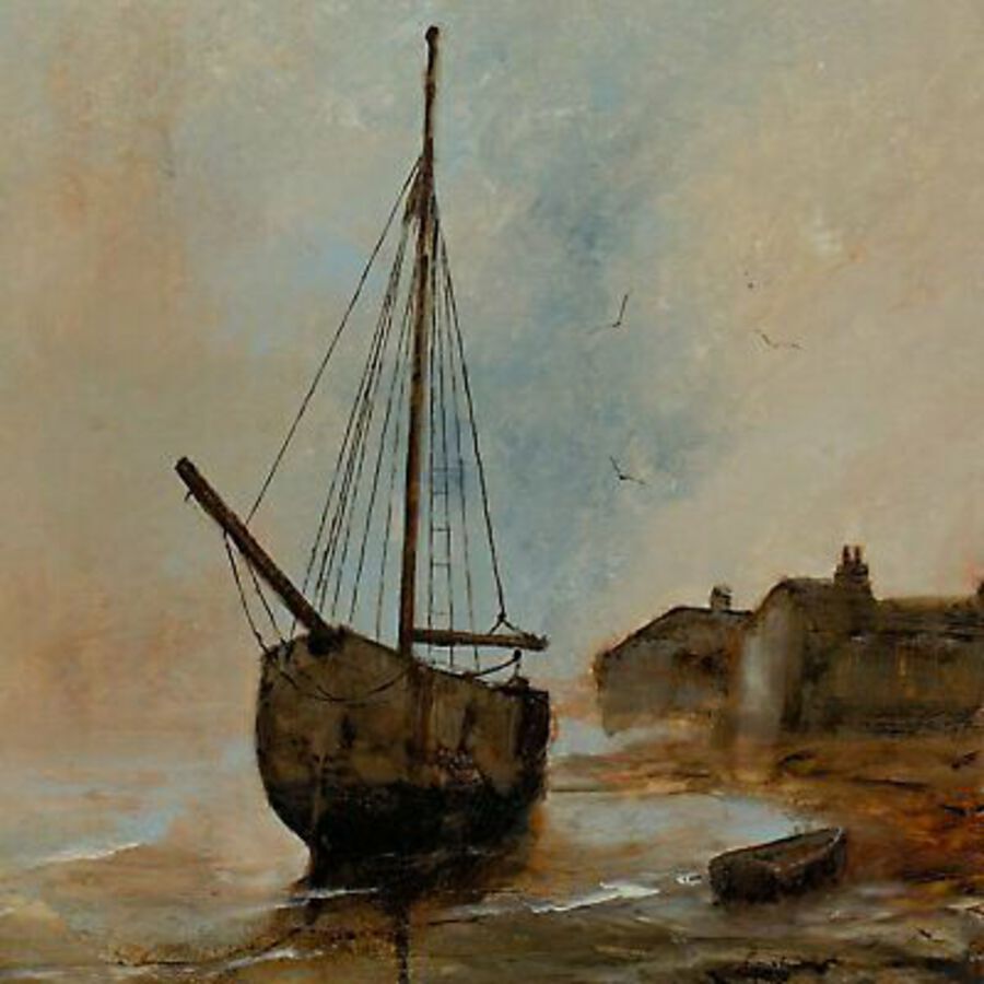 Antique Waterside Landscape, Oil Painting, Marine, Ships, Art, Original, 25