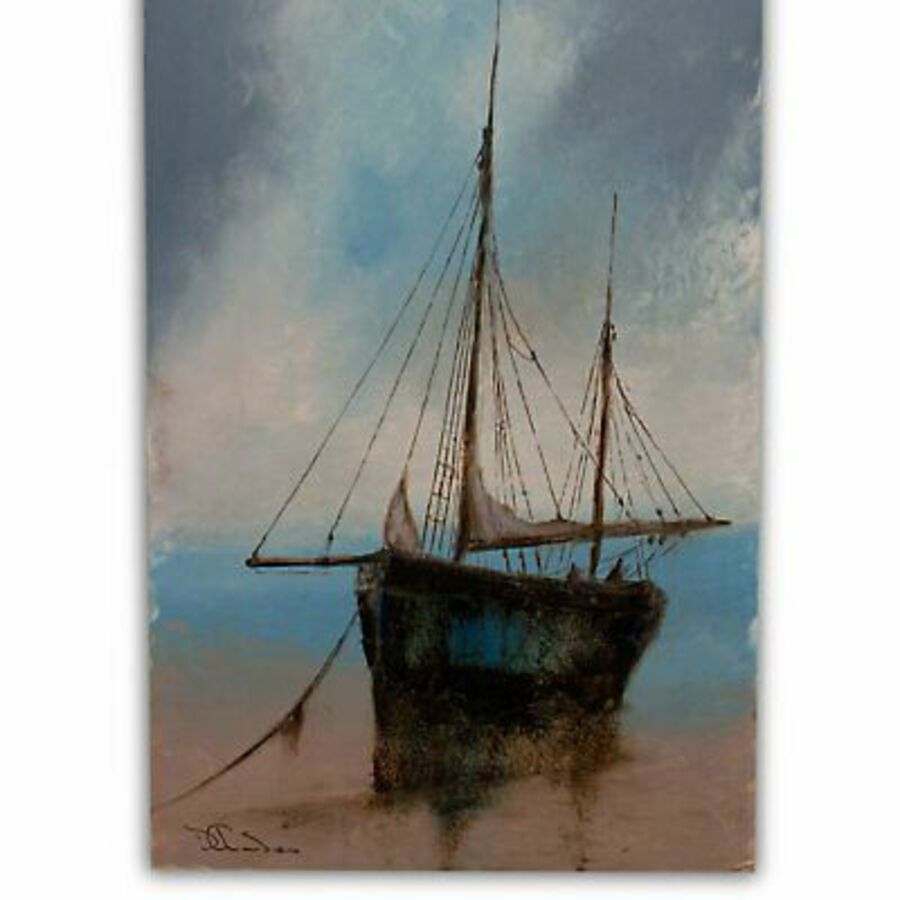 Antique Slimline Seascape, Oil Painting, Marine, Beach, Ship, Art, Original, 9