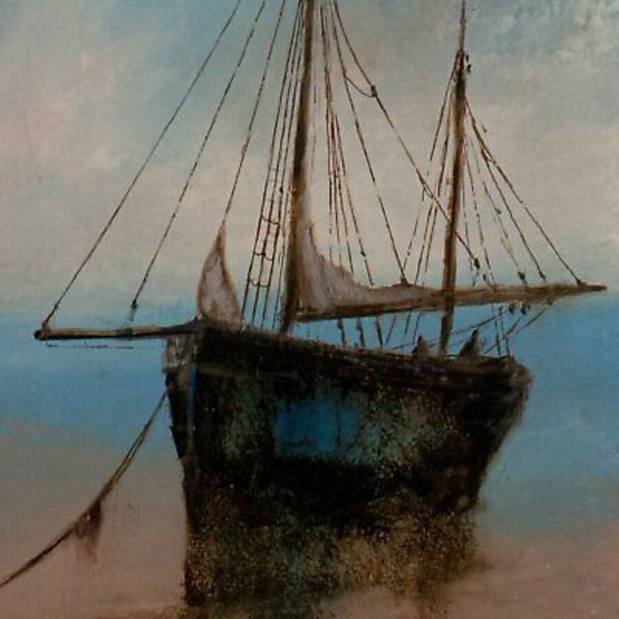 Antique Slimline Seascape, Oil Painting, Marine, Beach, Ship, Art, Original, 9