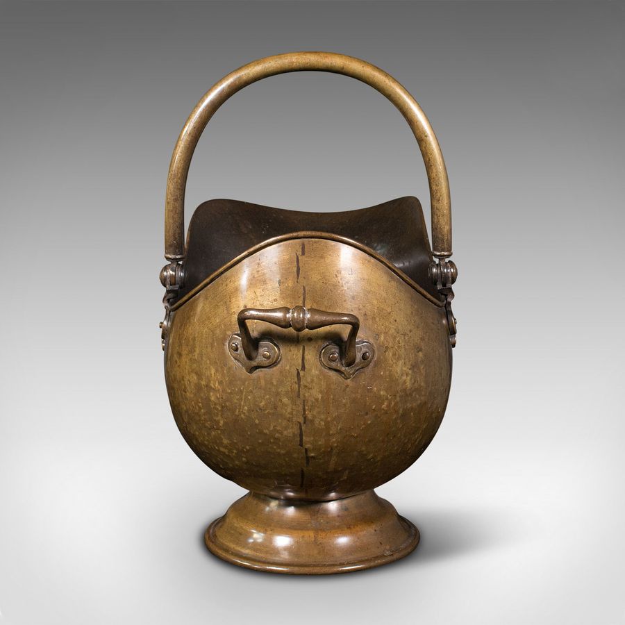 Antique Antique Helmet Scuttle, English, Brass, Fireside, Coal, Log Bin, Victorian, 1880