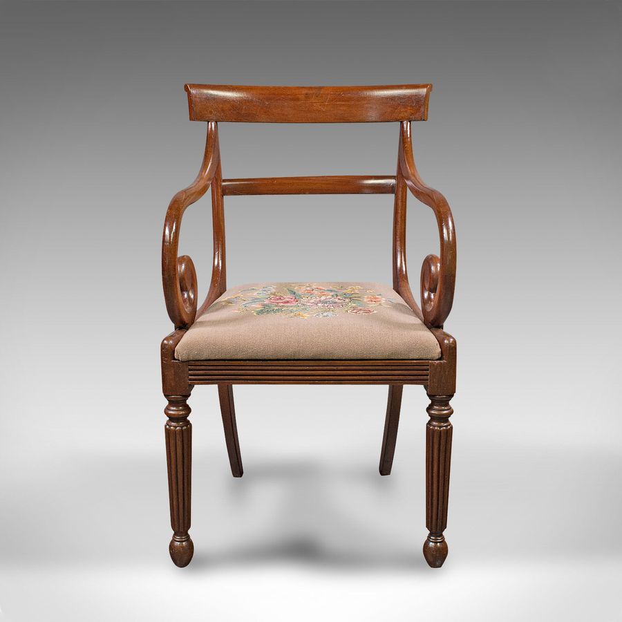 Antique Antique Elbow Chair, English, Armchair, Needlepoint, Drop In Seat, Late Georgian