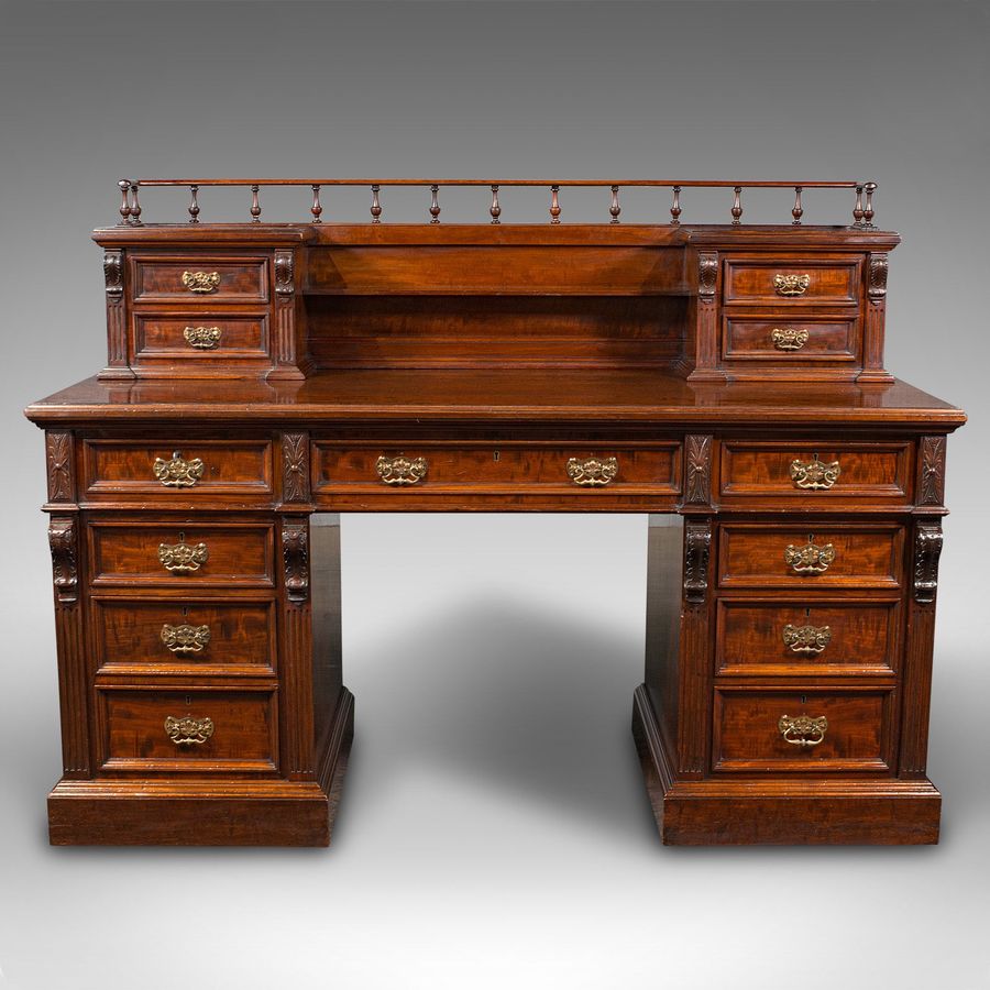 Antique Grand Antique Executive Desk, English, Satinwood, 13 Drawer, Office, Victorian