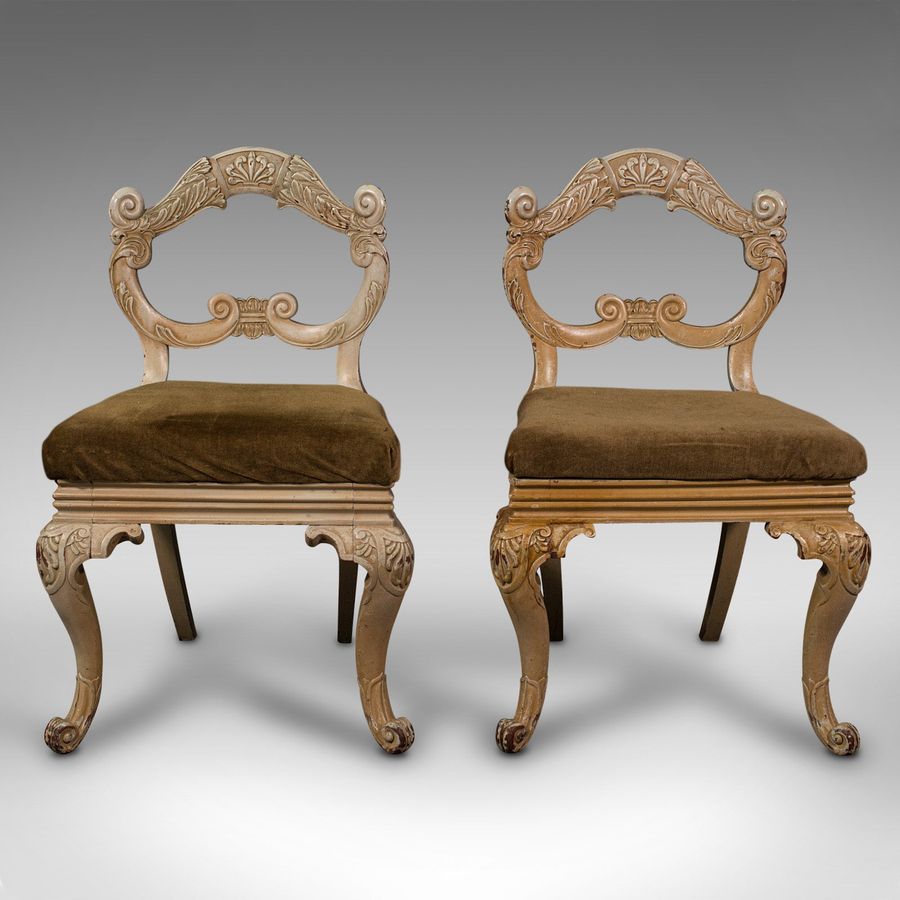 Antique Pair Of Antique Side Chairs, French, Painted, Hall, Occasional Seat, Victorian