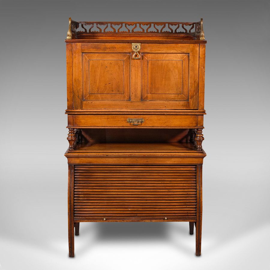 Antique Antique Bureau Cabinet, English, Walnut, Writing Desk, Tambour, Edwardian, 1910