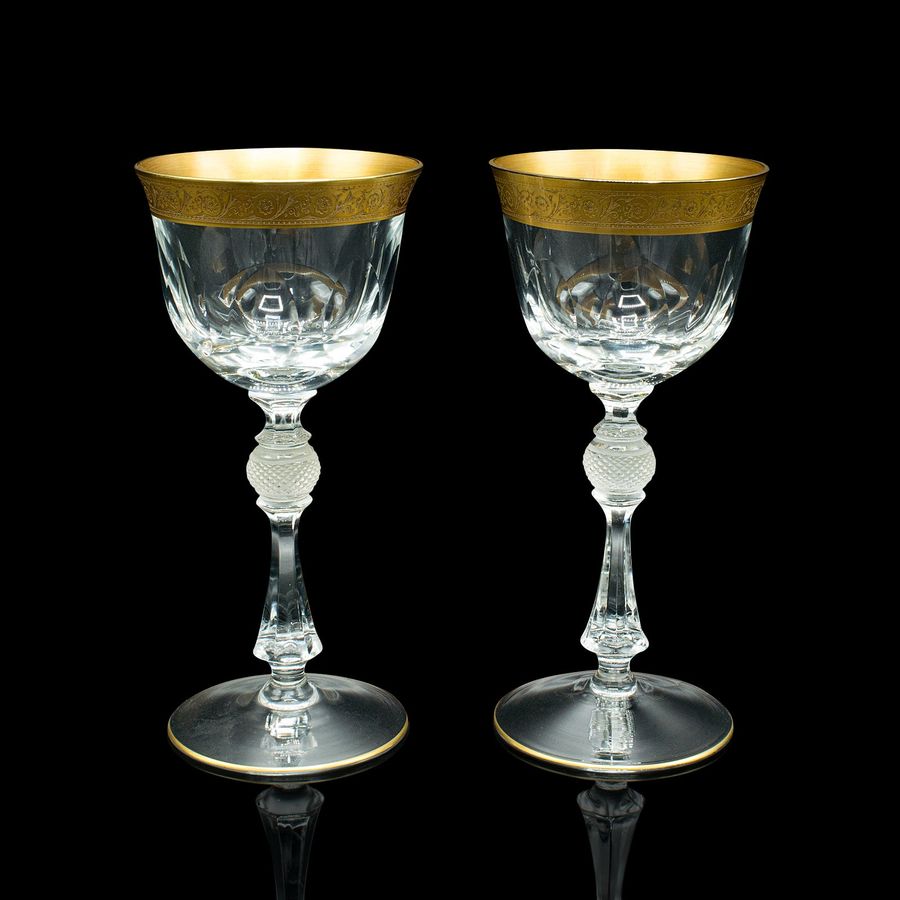 Antique Pair Of Antique Celebratory Port Glasses, French, Gilt, Stem Glass, Art Deco