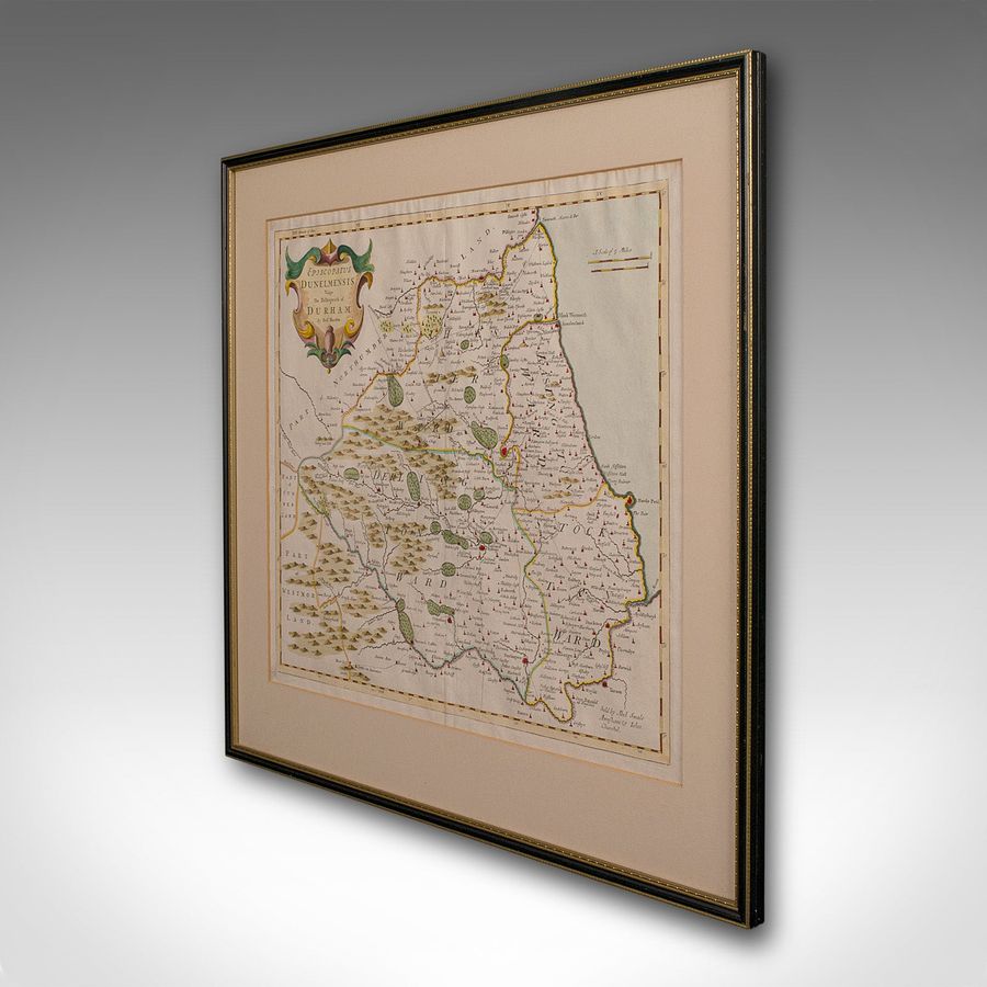 Antique Antique Lithography Map, Durham, English, Framed, Cartography, Early Georgian