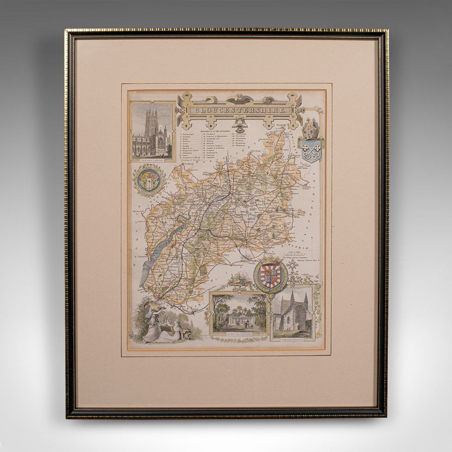 Antique Antique Lithography Map, Gloucestershire, English, Framed Engraving, Cartography