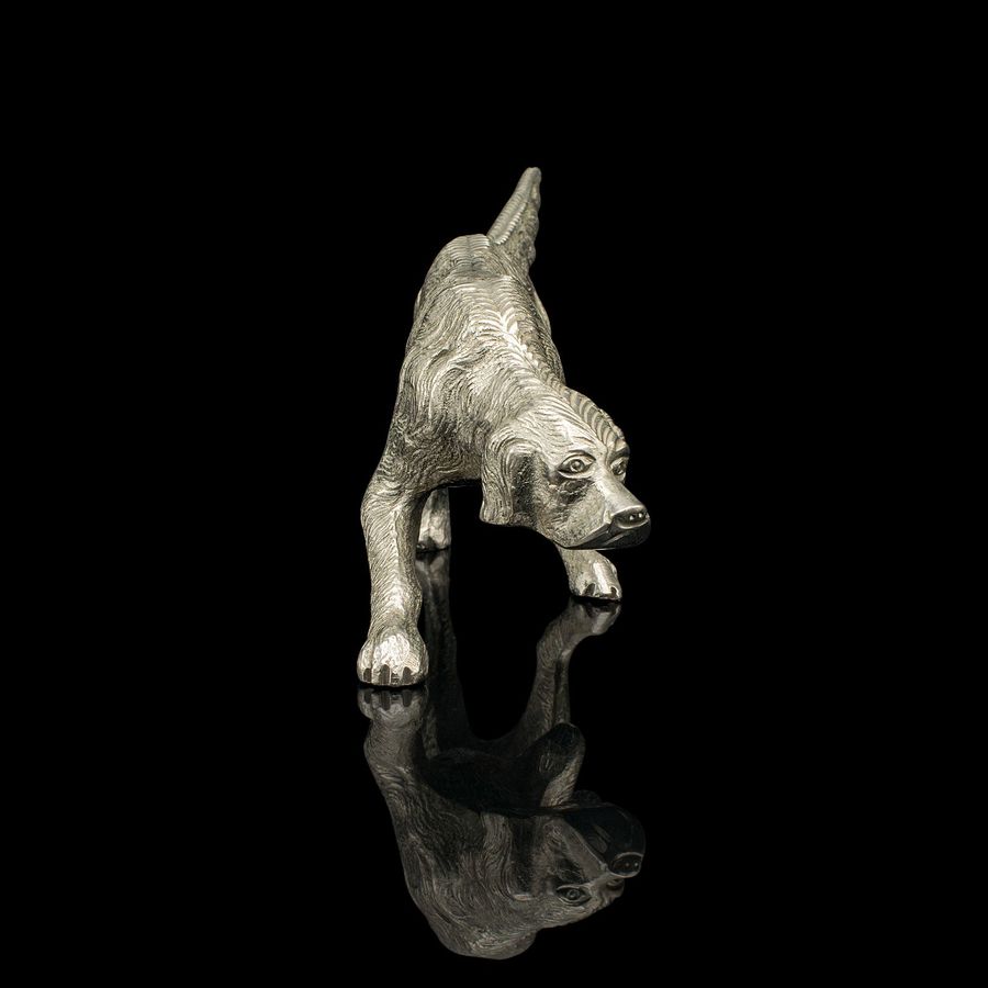 Antique Antique Dog Figure, English, Nickelled Iron, Pointer, Hound Ornament, Edwardian