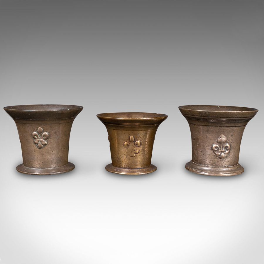 Antique Trio Of Antique Mortars, English, Bronze, Apothecary Pot, William III, C.1700