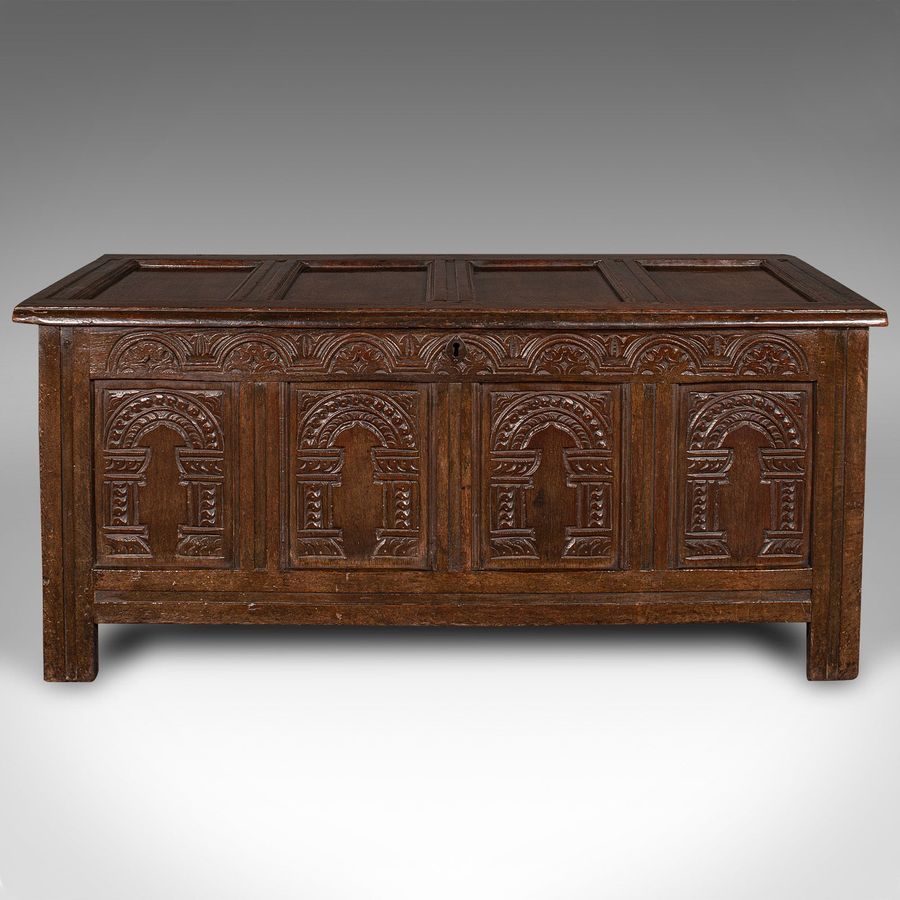Antique Large Antique Coffer, English, Oak, Carved Trunk, Window Seat, William III, 1700