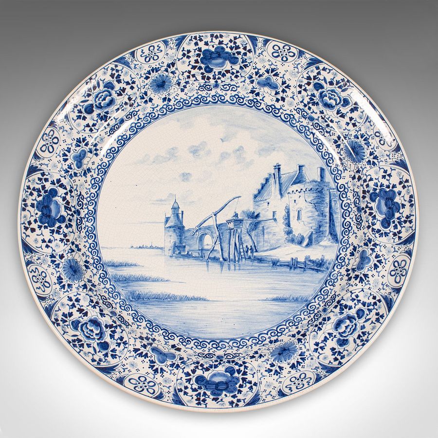 Antique Large Antique Charger, Belgian, Ceramic, Serving Plate, Blue & White, Circa 1920