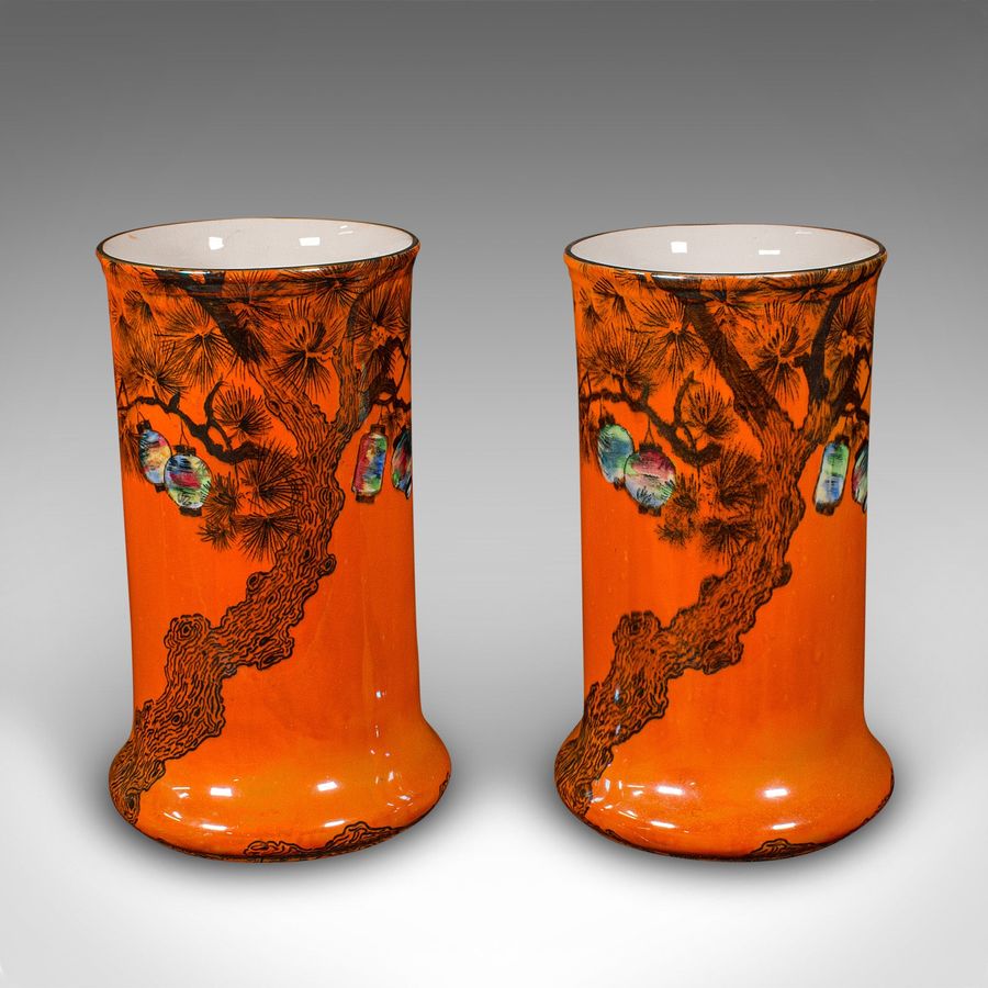 Antique Pair Of Antique Flower Vases, English, Lustre Ceramic, Oriental Taste, C.1920