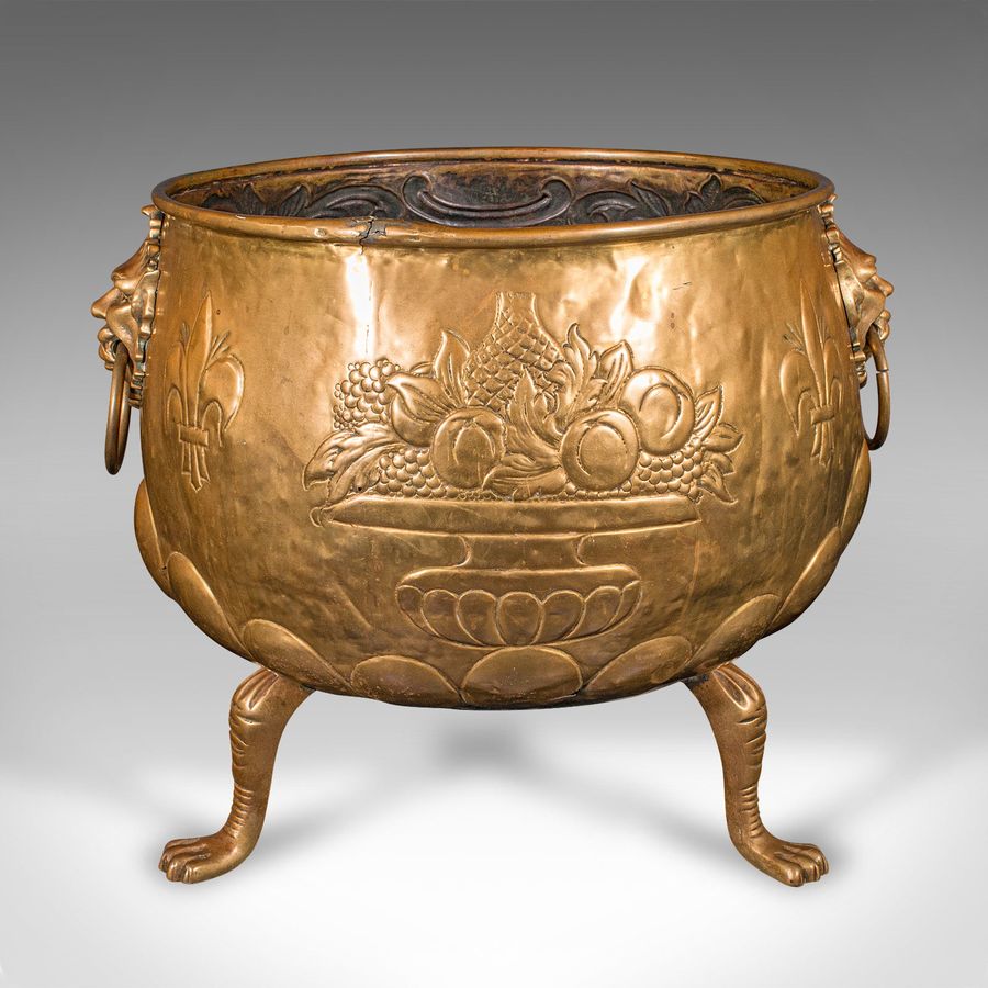 Antique Large Antique Log Basket, English Brass, Decorative Fireside Coal Store, Regency