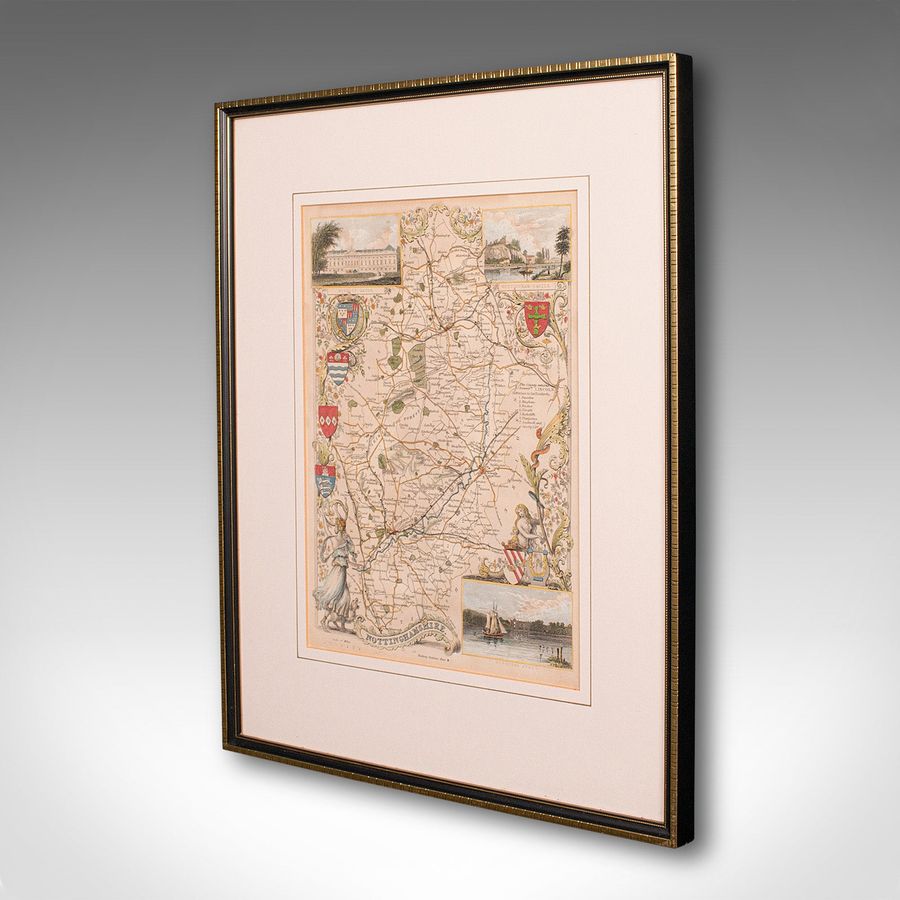 Antique Antique Nottinghamshire Map, English, Framed, Cartographic Interest, Victorian