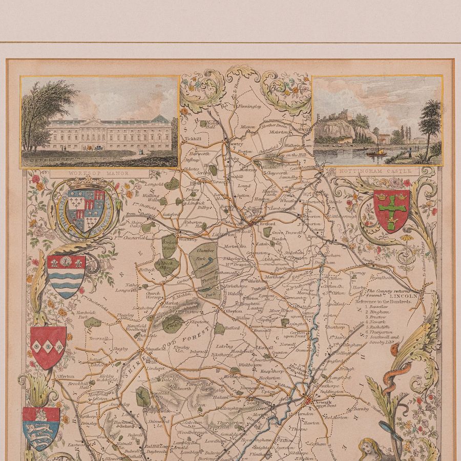 Antique Antique Nottinghamshire Map, English, Framed, Cartographic Interest, Victorian