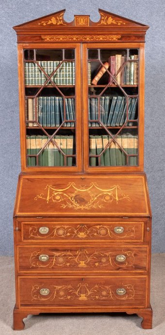 Good Sheraton Revival Inlaid Bureau Bookcase