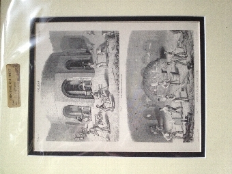 Antique engraving of glass making. Antique drinking glasses.