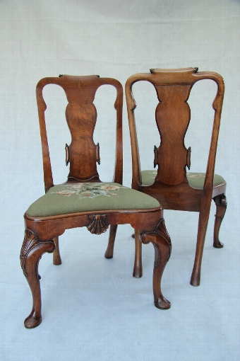 Antique C 1920 Superb Pair of Walnut Side Chairs in the Manner of Queen Ann- George 1st 