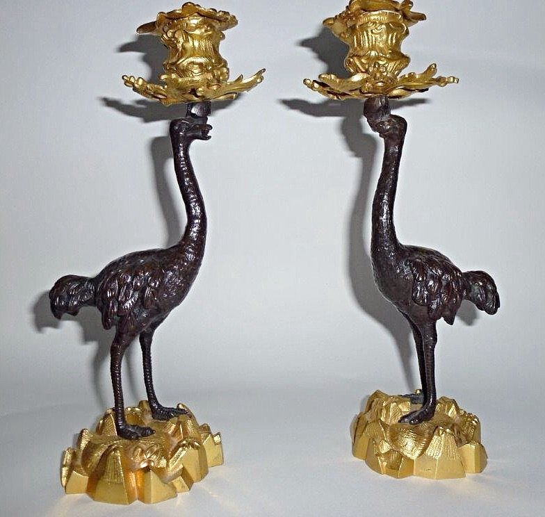 Fine Pair of 19th century Bronze & Ormolu Ostrich Candlesticks
