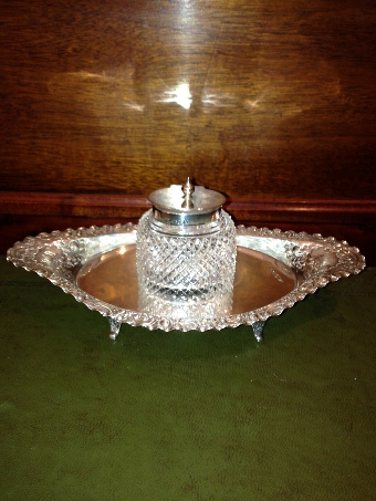 Victorian Cut Glass and Silver Inkwell and Stand