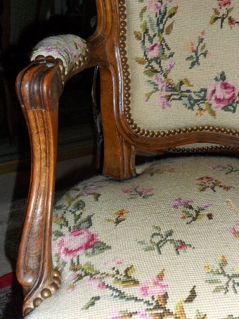 Antique Pair of French Walnut Louis XV Style Tapestry Fauteuils